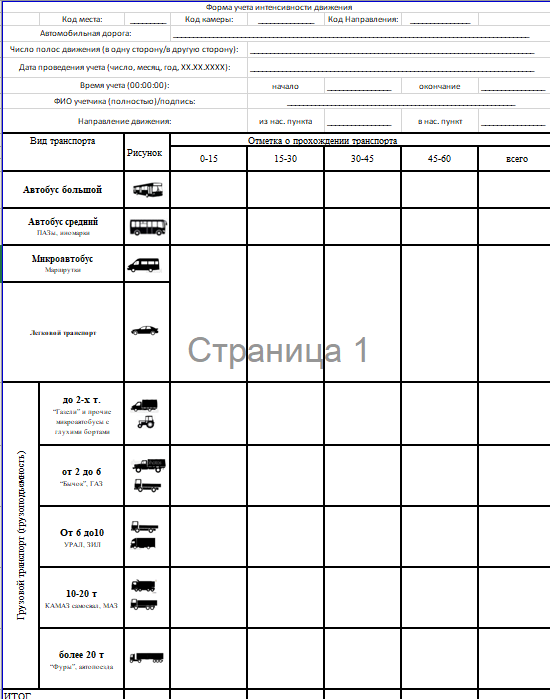 Образец формы учета интенсивности движения Образец формы учета интенсивности движения